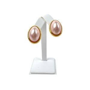 Vintage Trifari Earrings Pink Lucite Cabochon Pierced Stud Oval Gold Tone Pastel